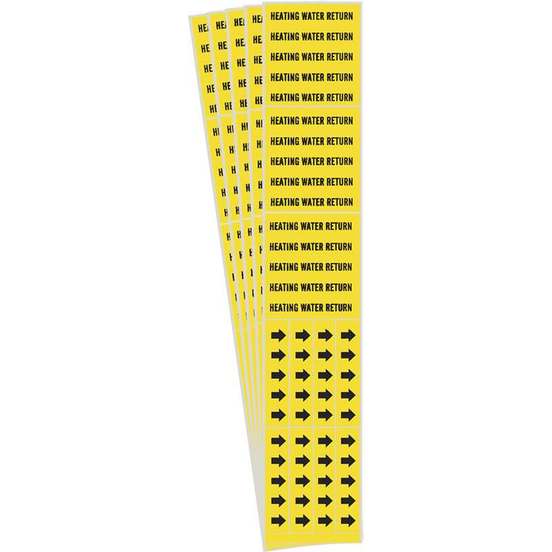 HEATING WATER RETURN Pipe Marker Style 3C Arrows BK on YL 3 per Card, 5 PK