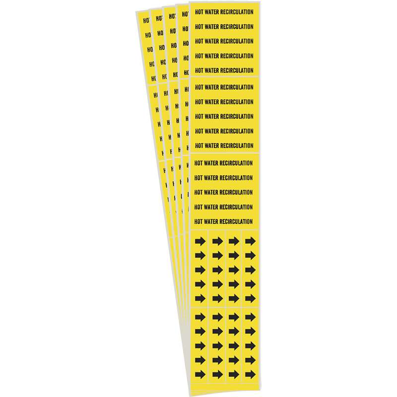 HOT WATER Recircul Pipe Marker Style 3C Arrows BK on YL 3 per Card, 5 PK