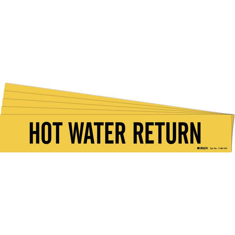 HOT WATER RETURN Pipe Marker Style 1HV Vinyl Black on Yellow 1 per Card, 5 PK