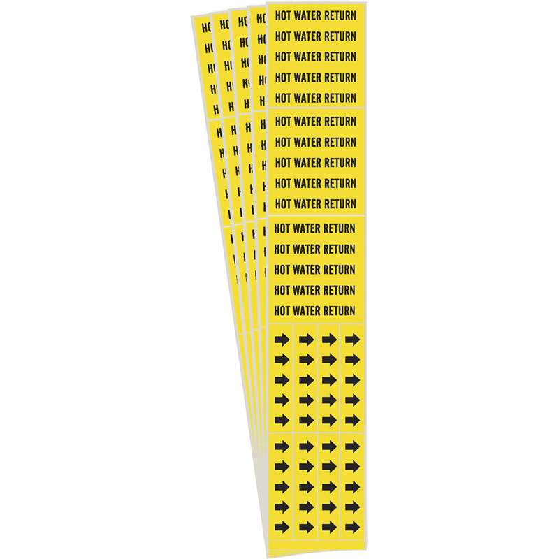 HOT WATER RETURN Pipe Marker Style 3C Arrows Vinyl BK on YL 3 per Card, 5 PK