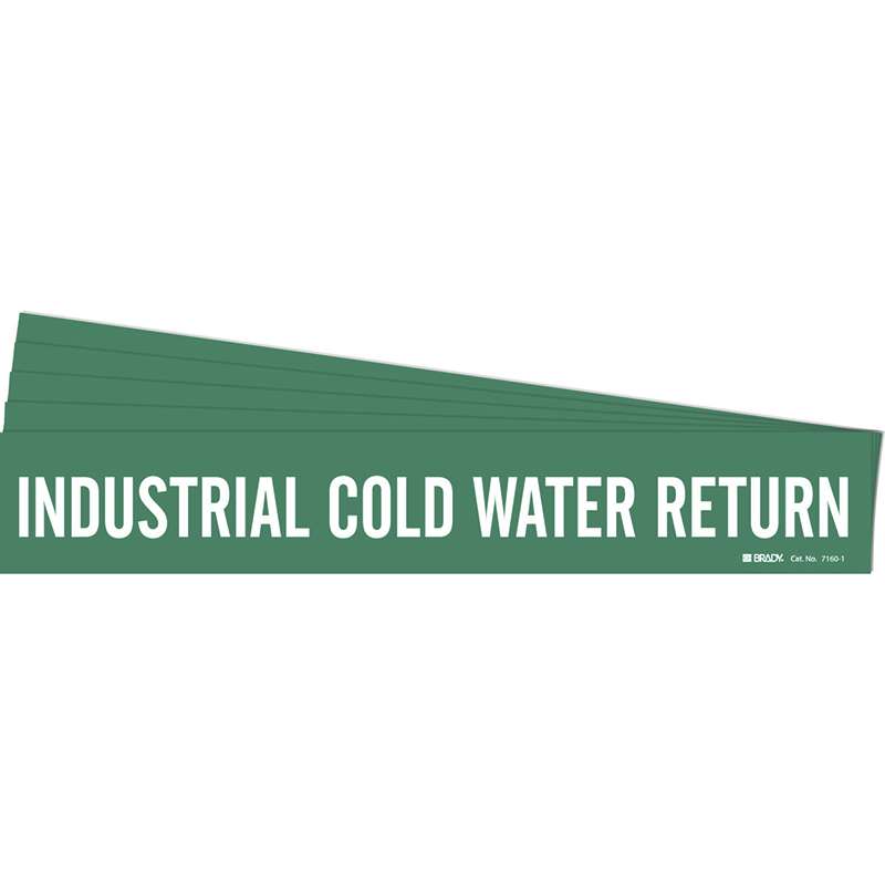 INDUSTRIAL COLD WATER RETURN Pipe Marker Style 1 White on Green 1 per Card, 5 PK