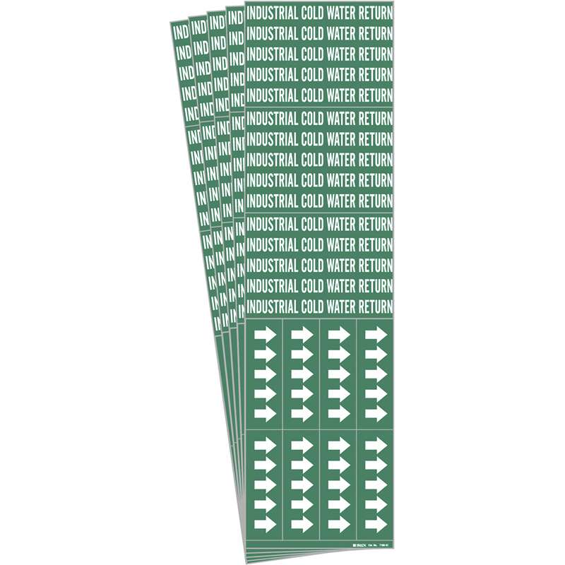 INDUSTRIAL COLD WATER RETURN Pipe Marker Sty 3C Arrows WT on GN 3 per Card, 5 PK