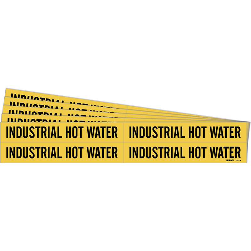 INDUSTRIAL HOT WATER Pipe Marker Style 4 Black on Yellow 4 per Card, 5 PK