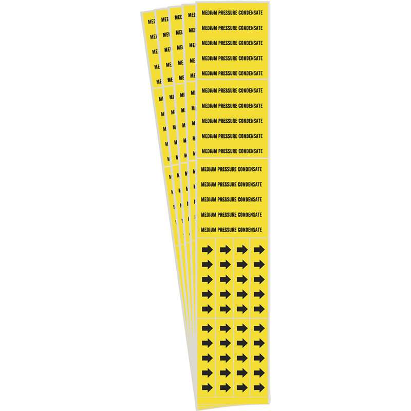 MEDIUM PRESSURE CONDENSATE Pipe Marker Style 3C Arrows BK on YL 3 per Card, 5 PK