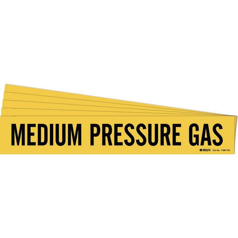 MEDIUM PRESSURE GAS Pipe Marker Style 1HV Black on Yellow 1 per Card, 5 PK