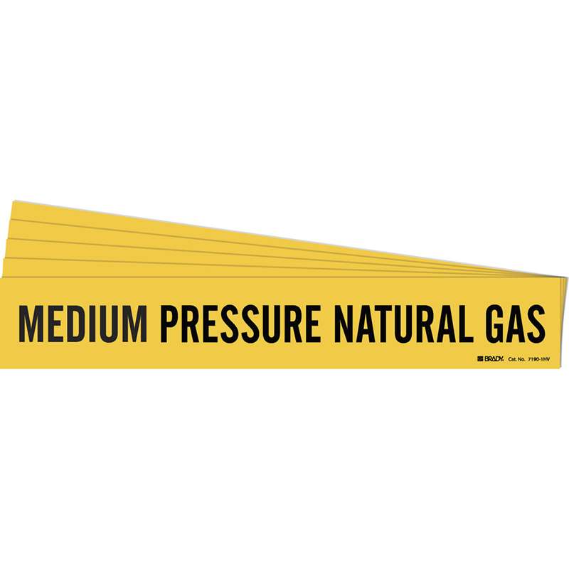MEDIUM PRESSURE NATURAL GAS Pipe Marker Style 1HV BK on YL 1 per Card, 5 PK