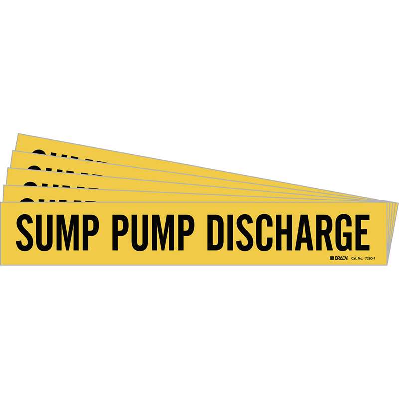 SUMP PUMP DISCHARGE Pipe Marker Style 1 Black on Yellow 1 per Card, 5 PK