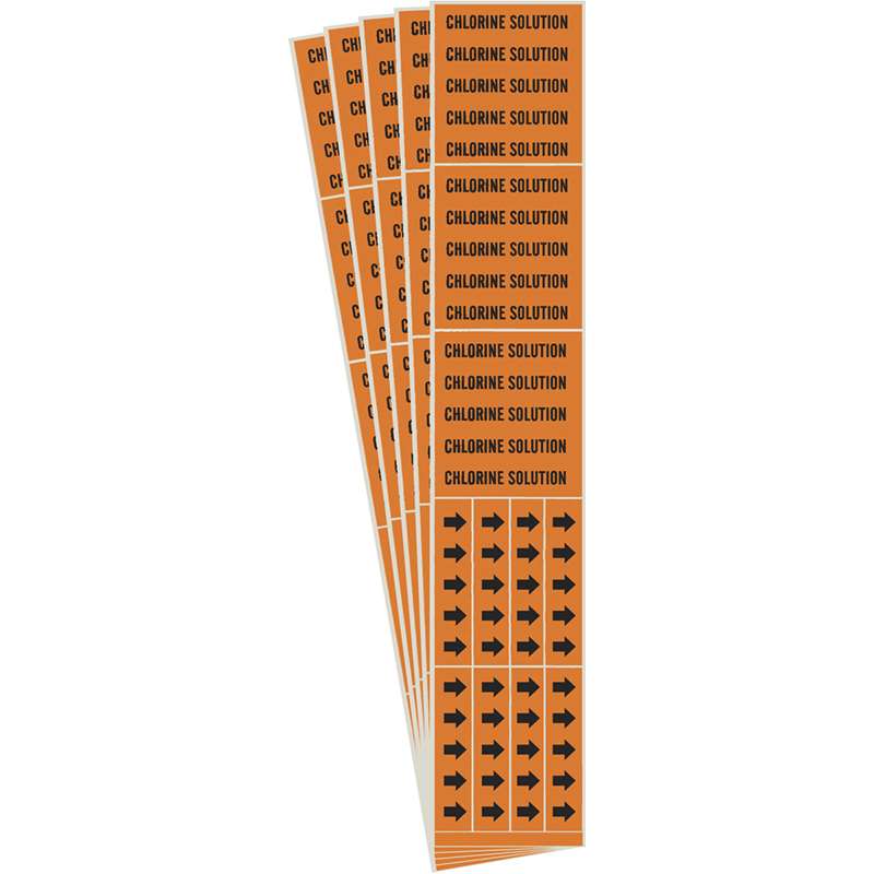 CHLORINE SOLUTION Pipe Marker Style 3C Arrows Black on Orange 3 per Card, 5 PK