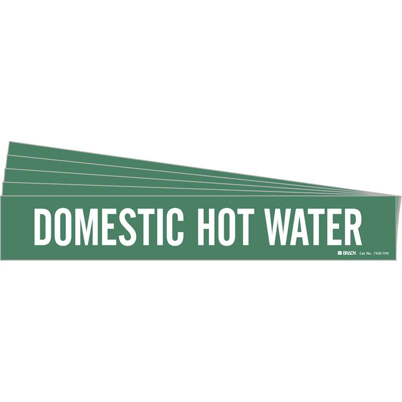 DOMESTIC HOT WATER Pipe Marker Style 1HV Vinyl White on Green 1 per Card, 5 PK