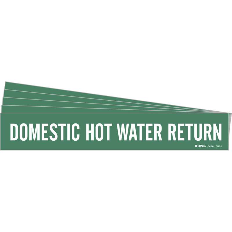 DOMESTIC HOT WATER RETURN Pipe Marker Style 1 White on Green 1 per Card, 5 PK