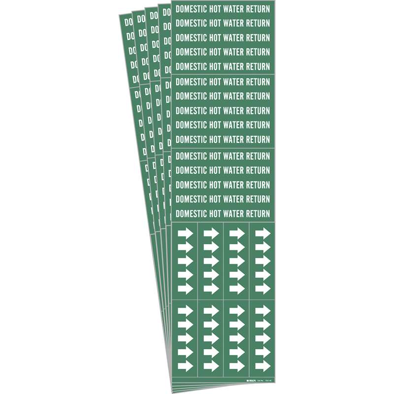 DOMESTIC HOT WATER RETURN Pipe Marker Style 3C Arrows WT on GN 3 per Card, 5 PK