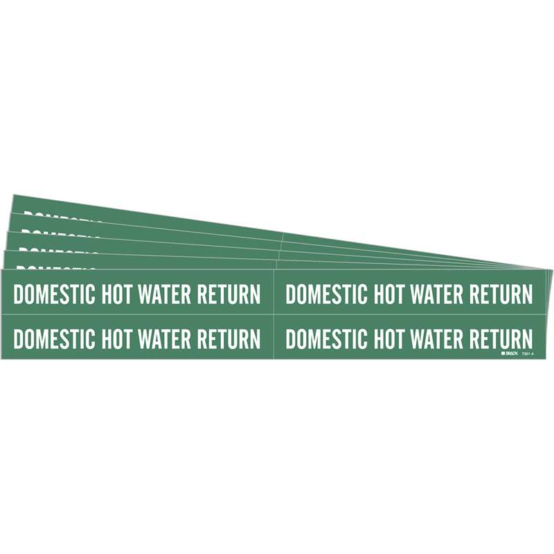 DOMESTIC HOT WATER RETURN Pipe Marker Style 4 White on Green 4 per Card, 5 PK
