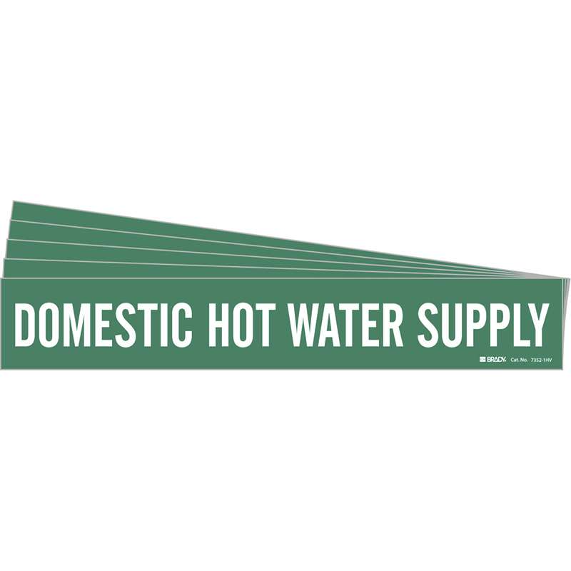 DOMESTIC HOT WATER SUPPLY Pipe Marker Style 1HV White on Green 1 per Card, 5 PK