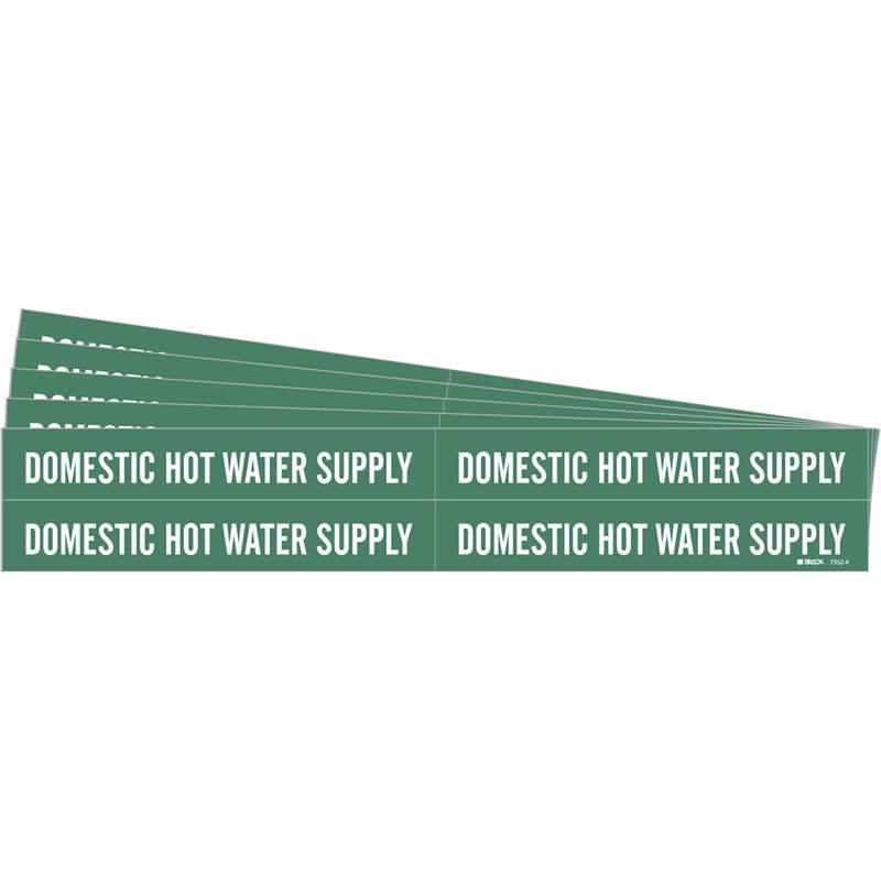 DOMESTIC HOT WATER SUPPLY Pipe Marker Style 4 White on Green 4 per Card, 5 PK