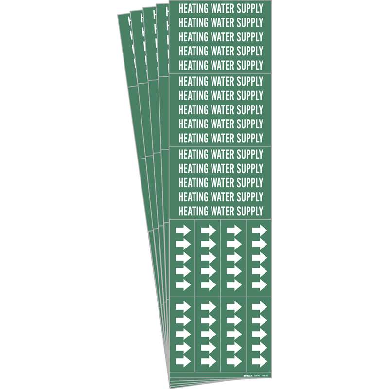 HEATING WATER SUPPLY Pipe Marker Style 3C Arrows White on Green 3 per Card, 5 PK