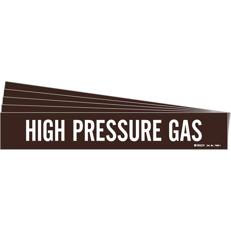 HIGH PRESSURE GAS Pipe Marker Style 1 White on Brown 1 per Card, 5 PK