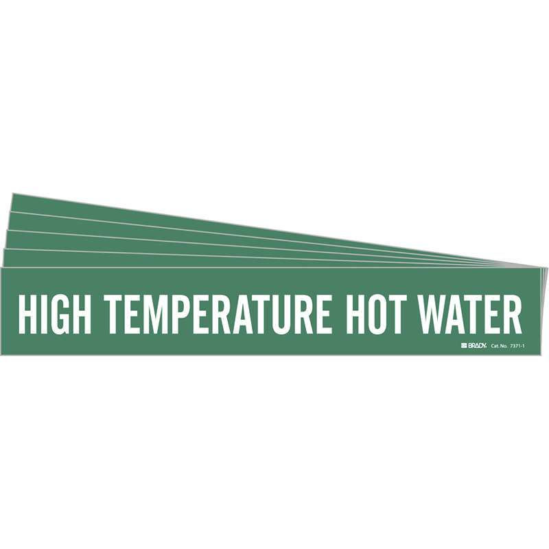 HIGH TEMPERATURE HOT WATER Pipe Marker Style 1 White on Green 1 per Card, 5 PK