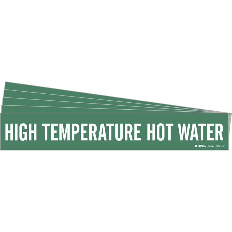 HIGH TEMPERATURE HOT WATER Pipe Marker Style 1HV White on Green 1 per Card, 5 PK