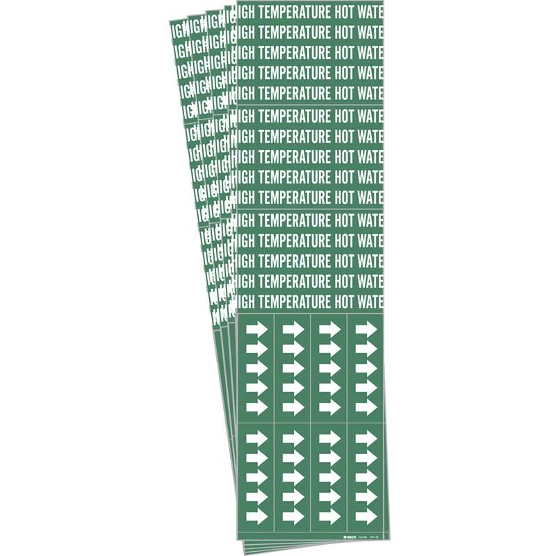 HIGH TEMPERATURE HOT WATER Pipe Marker Style 3C Arrows WT on GN 3 per Card, 5 PK