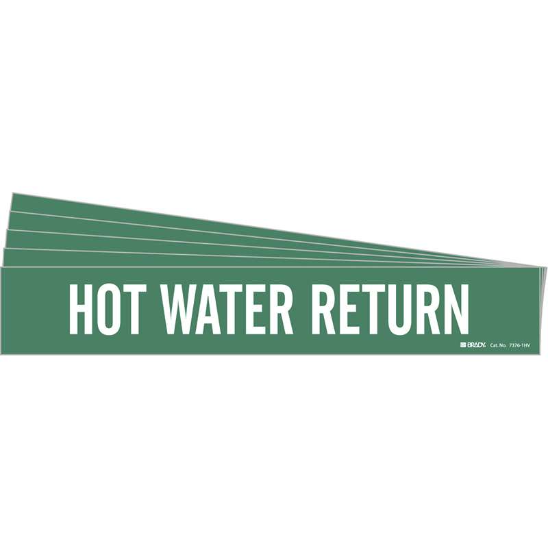HOT WATER RETURN Pipe Marker Style 1HV White on Green 1 per Card, 5 PK