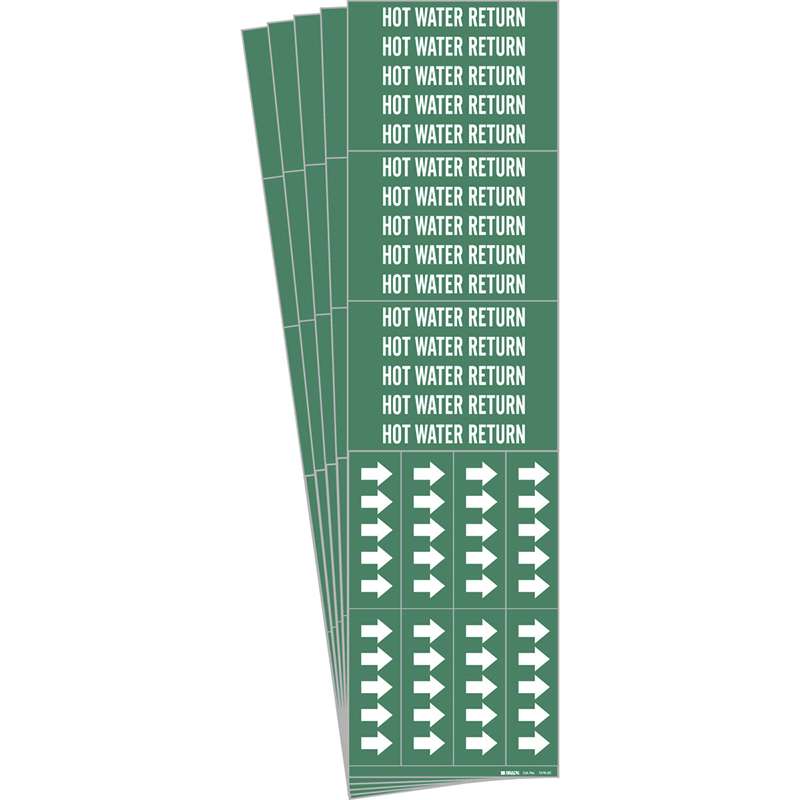 HOT WATER RETURN Pipe Marker Style 3C Arrows White on Green 3 per Card, 5 PK