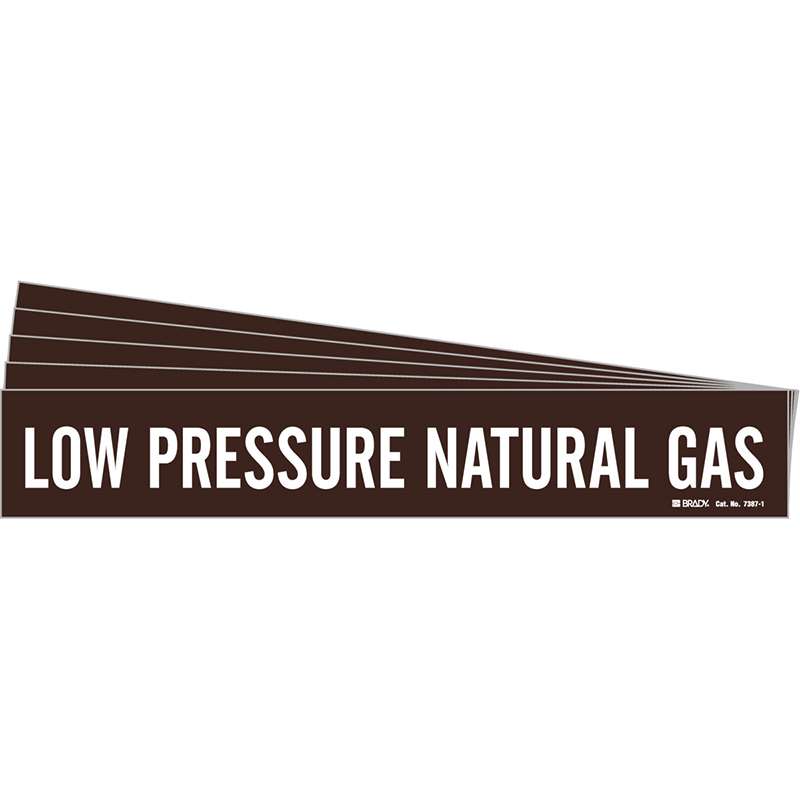 LOW PRESSURE NATURAL GAS Pipe Marker Style 1 White on Brown 1 per Card, 5 PK