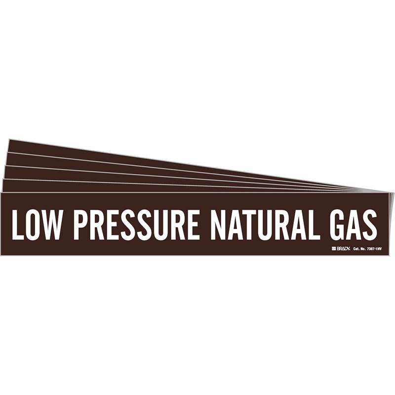 LOW PRESSURE NATURAL GAS Pipe Marker Style 1HV White on Brown 1 per Card, 5 PK