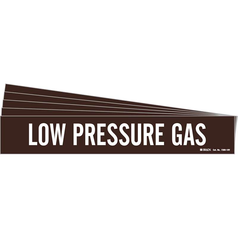 LOW PRESSURE GAS Pipe Marker Style 1HV White on Brown 1 per Card, 5 PK