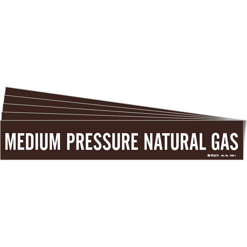 MEDIUM PRESSURE NATURAL GAS Pipe Marker Style 1 White on Brown 1 per Card, 5 PK