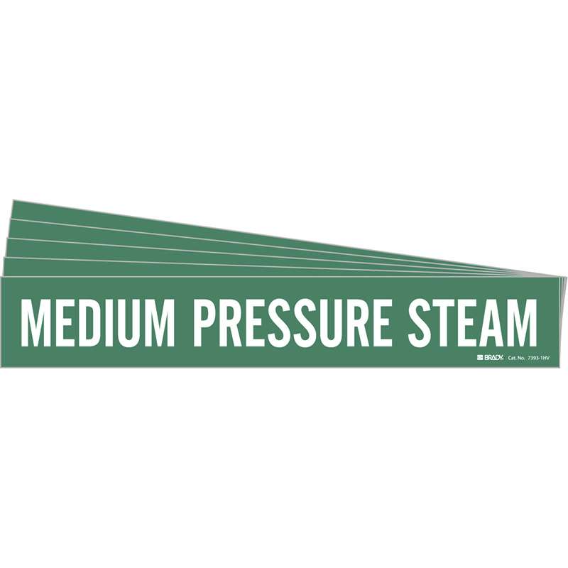 MEDIUM PRESSURE STEAM Pipe Marker Style 1HV White on Green 1 per Card, 5 PK