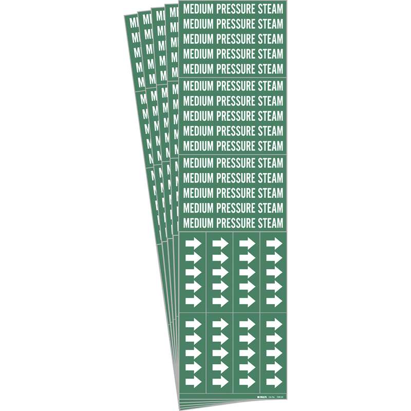 MEDIUM PRESSURE STEAM Pipe Marker Style 3C Arrows WT on GN 3 per Card, 5 PK