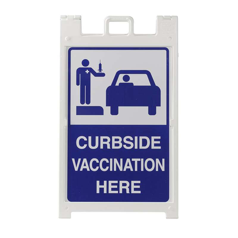 Curbside Vaccination A-Frame Sign Stand, Blue on White, 36 in x 24 in