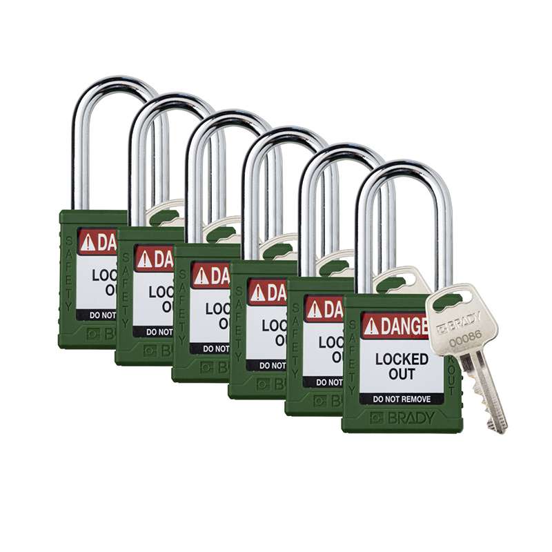 Standard Nylon Safety Padlocks, Keyed Alike, Green, 1.5" Steel Shackle, 6 Per Package