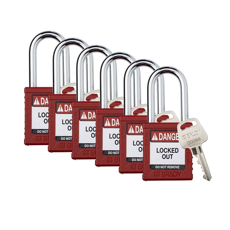 Standard Nylon Safety Padlocks, Keyed Alike, Red, 1.5" Steel Shackle, 6 Per Package