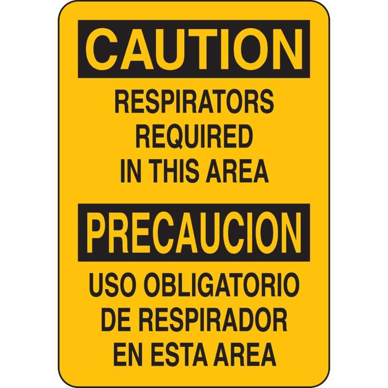 Caution Signs "CAUTION RESPIRATORS REQUIRED IN THIS AREA", Bilingual, Black on Yellow