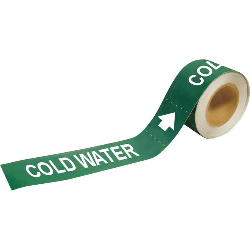 Cold Water Pipe Marker, White on Green, 25 per Roll, 1.5-2" Diameter