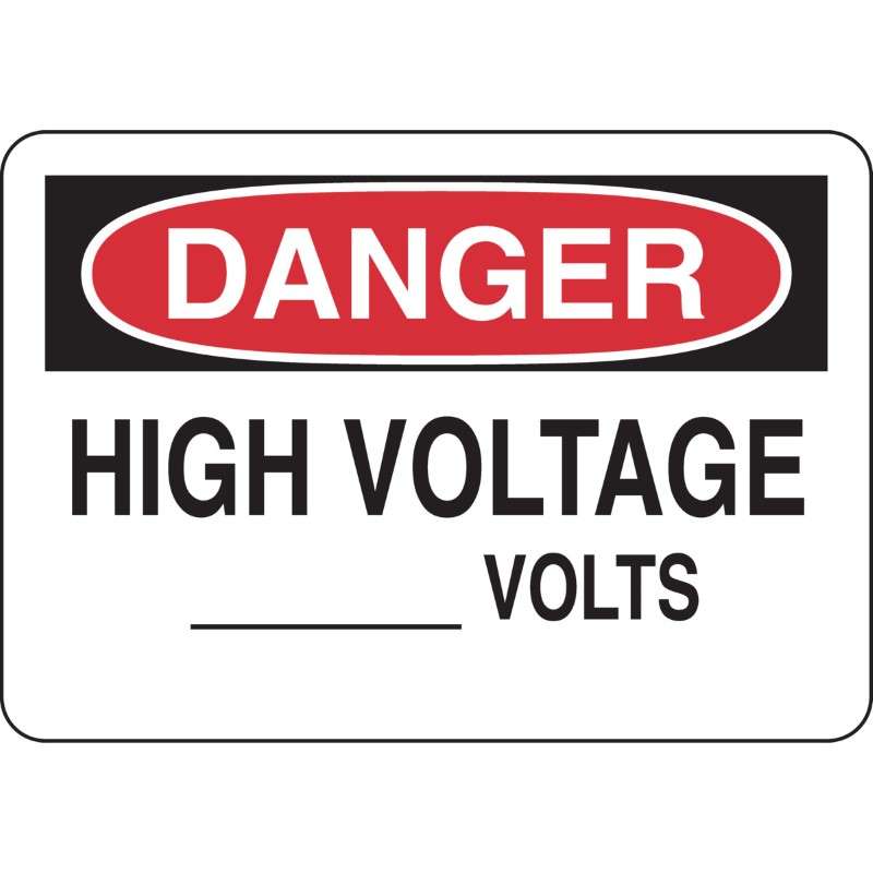 High Voltage -Volts Sign - DANGER, Black and Red on White, 7 x 10"