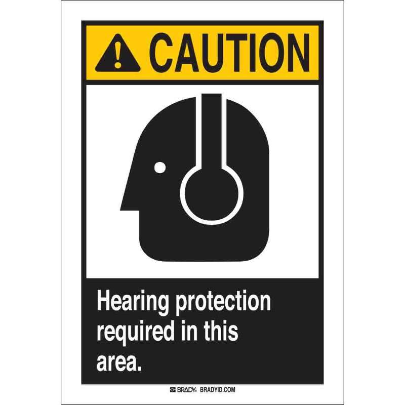Hearing Protection Required in Area Sign - CAUTION, Polyester, Black Yellow on White, 14 x 10"