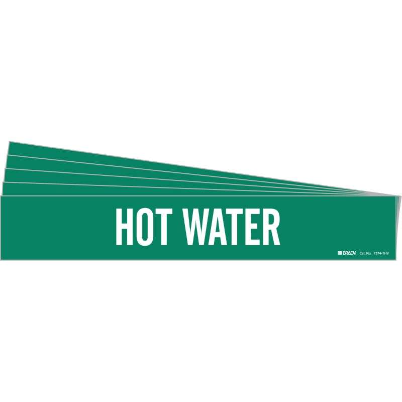 HOT WATER Pipe Marker Style 1HV White on Green 1 per Card, 5 PK