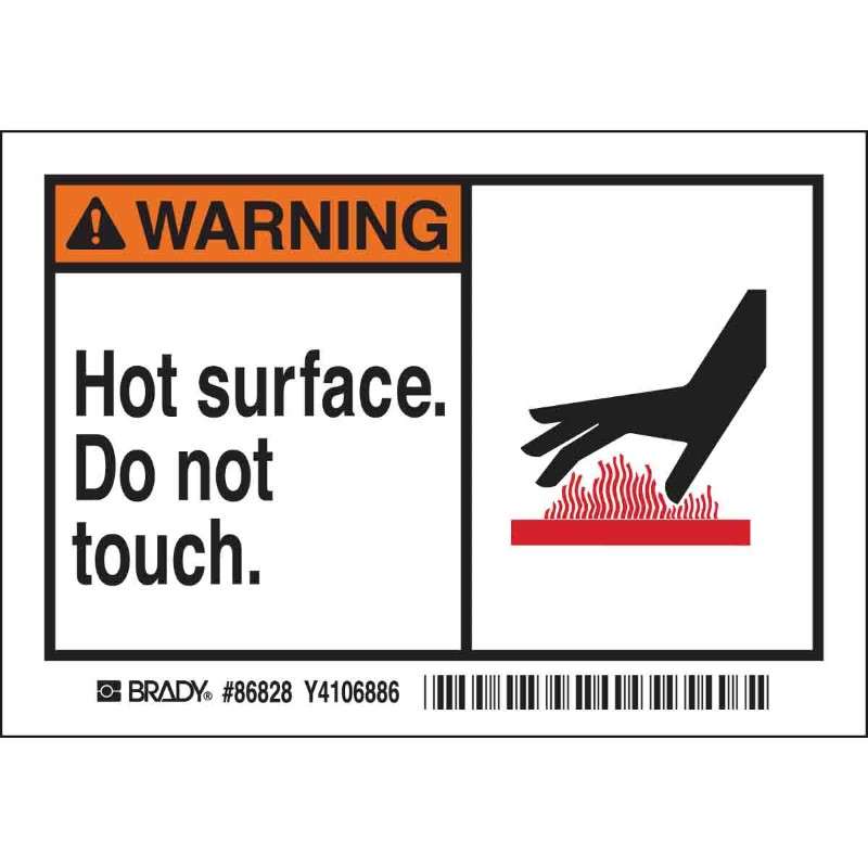 "Warning Hot Surface Do Not Touch" Labels, 5 per Package, Black/Orange/ Red on White