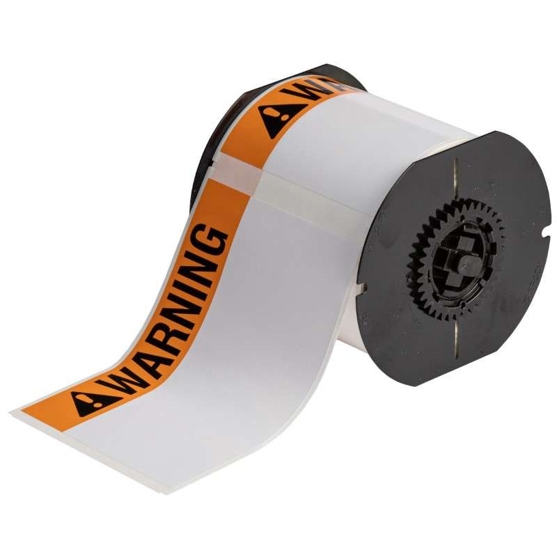 B33 Series Polyester WARNING Labels 4in H x 6in W BK, OR on WT 250/RL