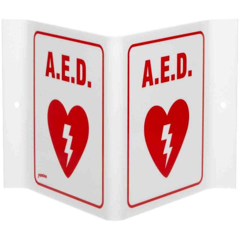 A.E.D. Sign, V-Style 45 Degree High Visibilty, Red/White, 6" x 9" x 4"