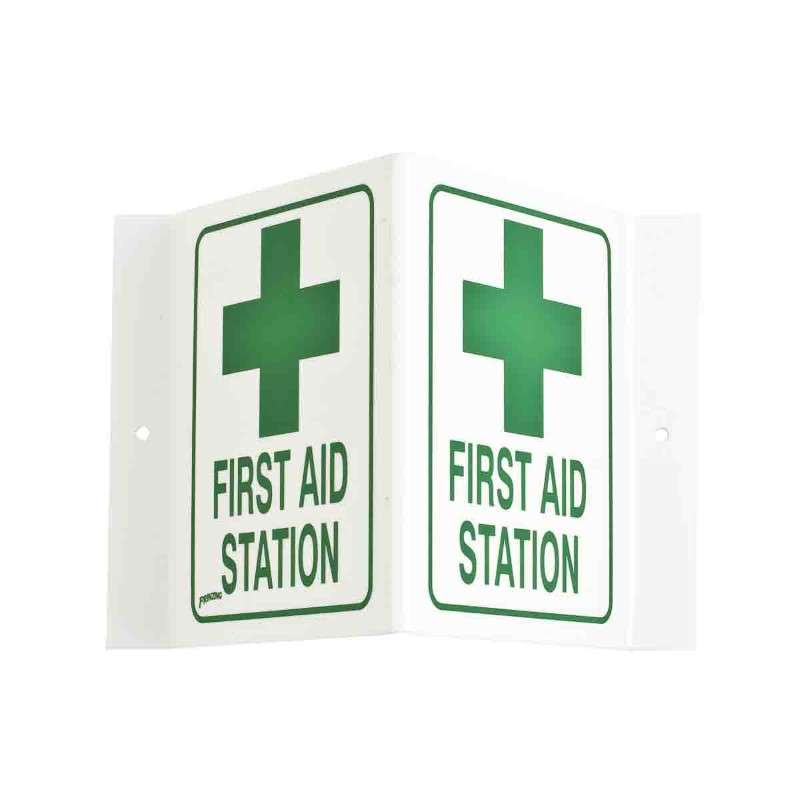 First Aid Sign, V-Style 45 Degree High Visibility, Green/White, 6" x 9" x 4"