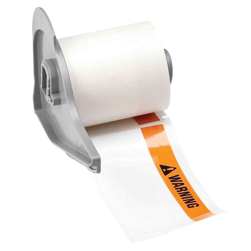 Aggressive Adhesive Polyester WARNING Lbls 1.9 x 4 BK/OR on WT RL/100 M710;BMP71