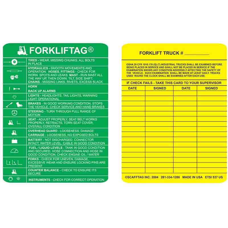 Forklift Tag Inserts, "FORKLIFTAG, TIRES - WEAR, MISSING CHUNKS, ALL BOLTS IN PLACE" 100 per Pack