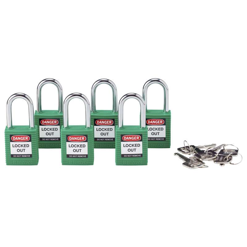 BRADY SFTY PADLOCK, 1.5 IN GRN KA 6/PACK