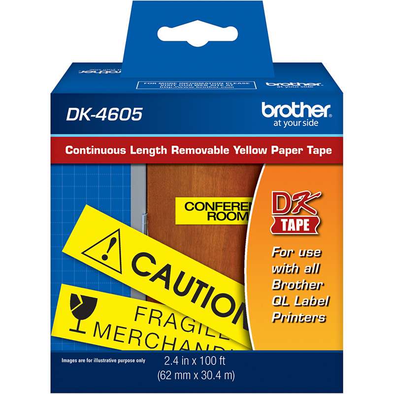 Continuous Length Paper Tape, Black on Yellow, with Removable Adhesive, 2.4in x 100ft, Roll