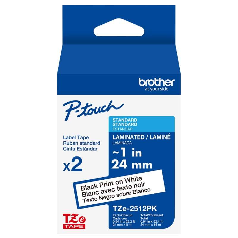 1in x 26.2ft (24mm x 8m) Black on White Standard Adhesive Laminated Tape, 2 Pack