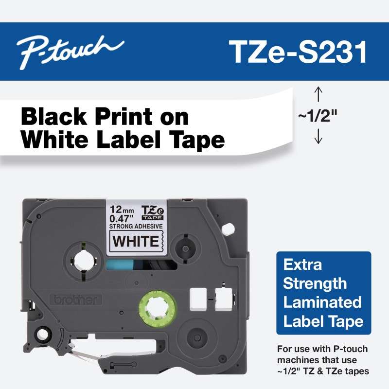 Laminated Tape, Black on White Extra-Strength Adhesive, 1/2in x 26.2ft (12mm x 8m)