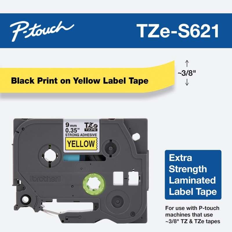 3/8in x 26.2ft (9mm x 8m) Black on Yellow Extra-Strength Adhesive Laminated Tape